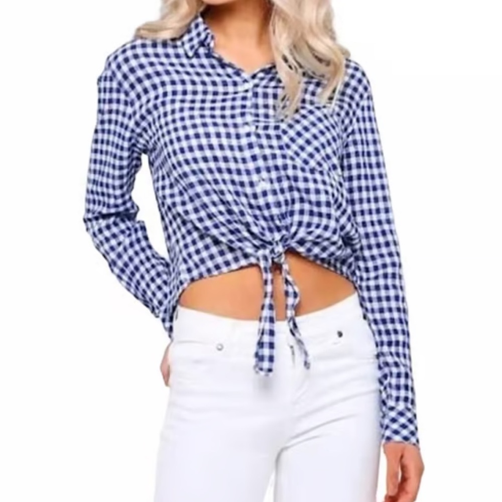Rails Women's Blue Gingham Val Linen Blend Tie Front
Blouse Size XS Long Sleeve